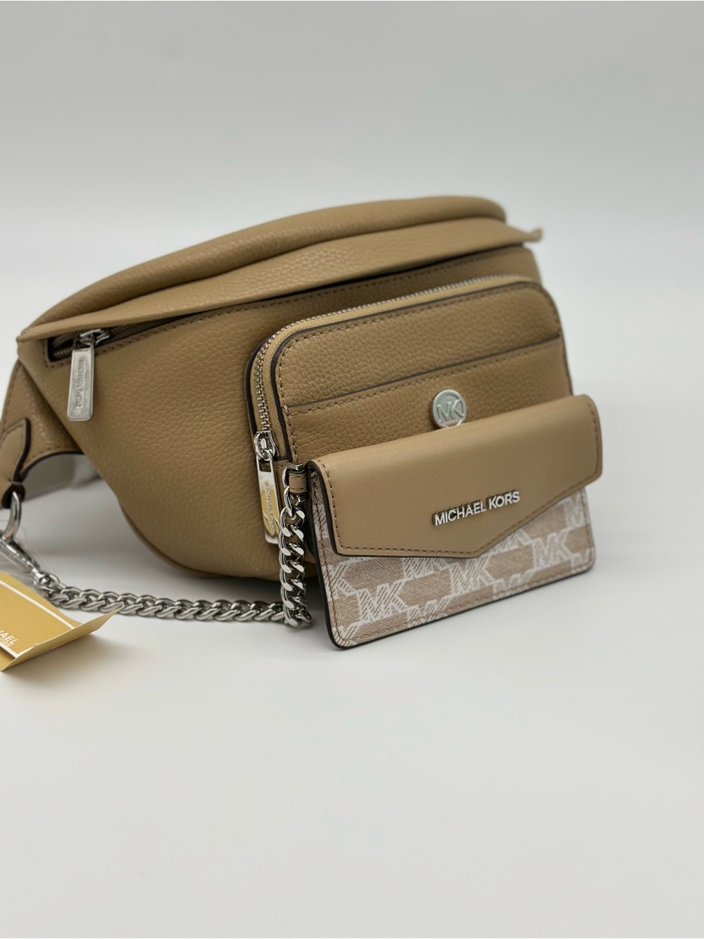 Michael Kors Beige/Tan Leather Mini Belt Bag with Chain Card Case